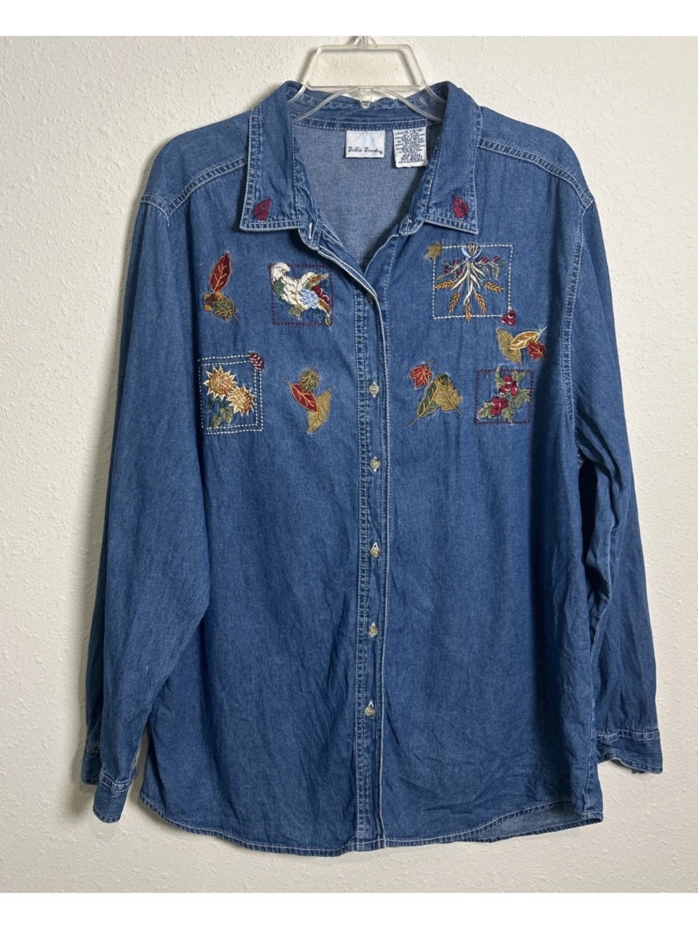 Bobbie Brooks Women’s XL Denim Embroidered Leaf Floral Print Button Up Shirt